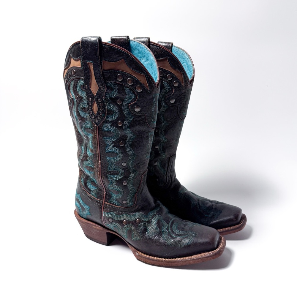 Justin Faxon Blue Embroidered Studded Square Toe Cowboy Boots